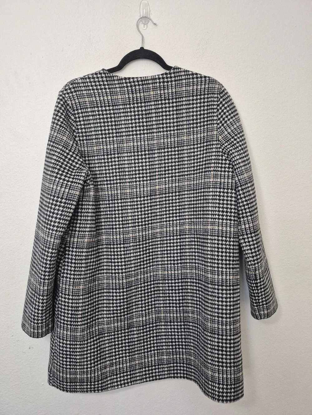 Nanette Lepore Black & White Houndstooth Plaid Wool Blend Collarless Coat